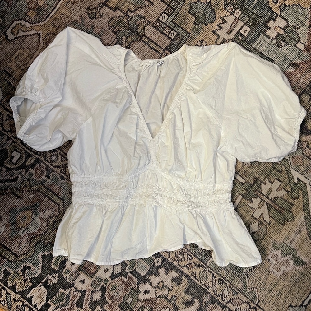ON White V-Neck Puff Sleeve Peplum Top